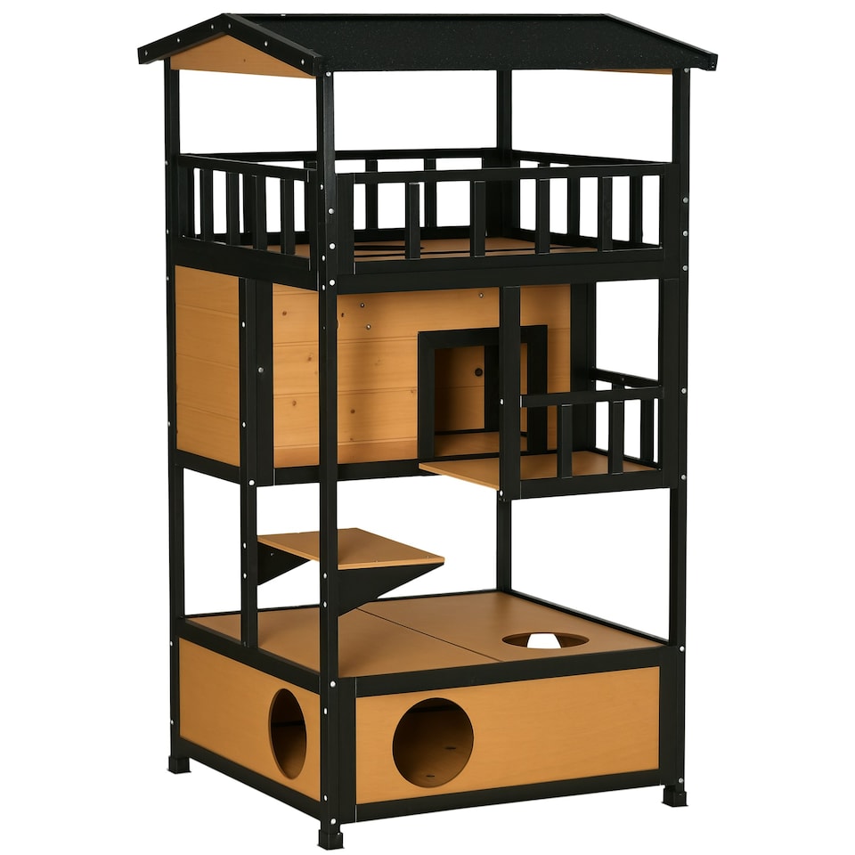 image 1 of PawHut Wooden Outdoor Cat House 3-Tier Kitten Shelter w/ Tilted Roof Yellow