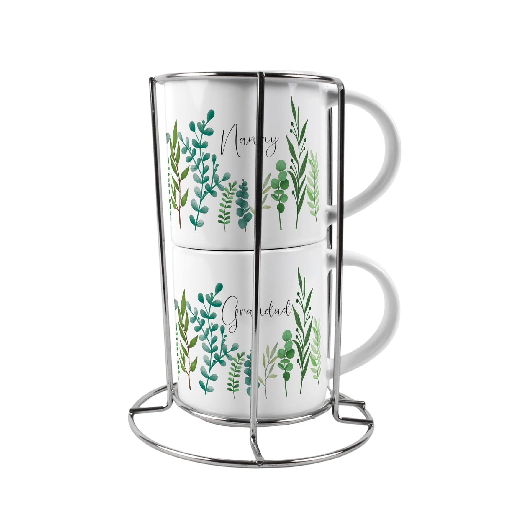 Nanny & Grandad Stacking Mugs Set - Green Ferns Gifts for Grandparents Ceramic Cups Set of 2 with Metal Stand White