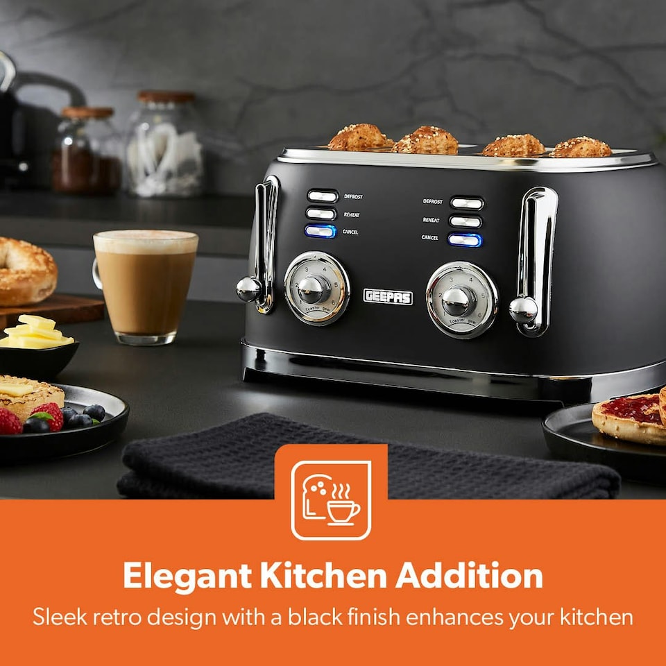 image 1 of GEEPAS Toaster 4 Slice 1500W | Vintage Retrovive Black