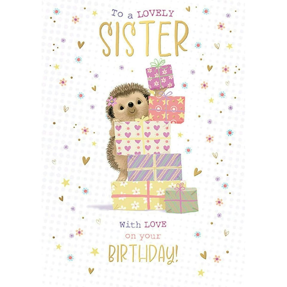 Words 'n' Wishes Traditional Sister Birthday Card, Lovely Sister, Hedgehog with Presents Design, Special Finish, Made in the UK