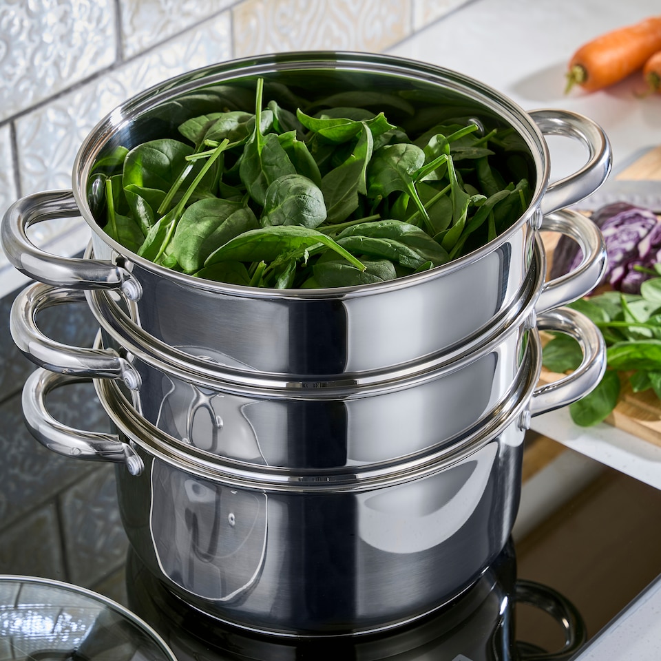 image 1 of Cooks Professional 3 Tier Stainless Steel Steamer Pan - Suitable for All Hobs | Silver | 24cm