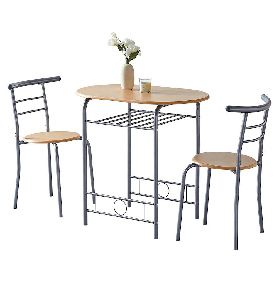 image 1 of Kitchen Breakfast Bar Small Dining Table and 2 chairs Set with Metal frame -Natural