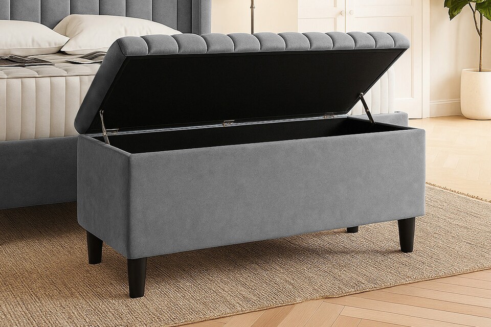 image 1 of 120cm Lined Upholstered Ottoman Storage box - Grey Plush Velvet Blanket Storage Box with Wooden Legs
