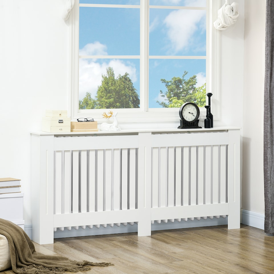 image 1 of HOMCOM Slatted Radiator Cover Painted Cabinet MDF Lined Grill in White (172L x 19W x 81H cm)