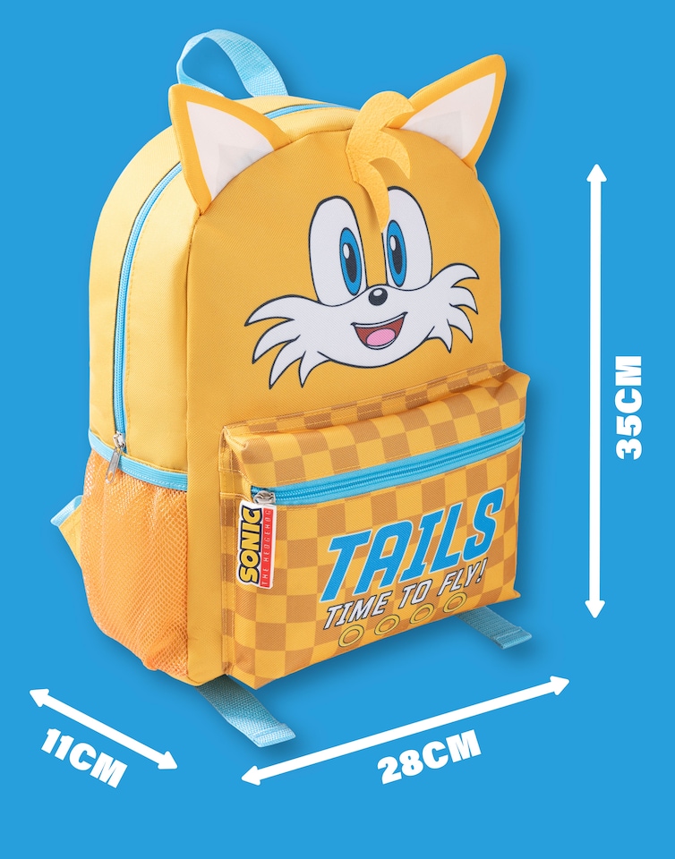 image 1 of Sonic the Hedgehog Kids 3D Tails Backpack - Yellow 'Time To Fly' Character Bag with Checkered Front Pocket - Zip Closure School Bag for Boys & Girls - Sonic Merch Rucksack | Yellow | Yellow