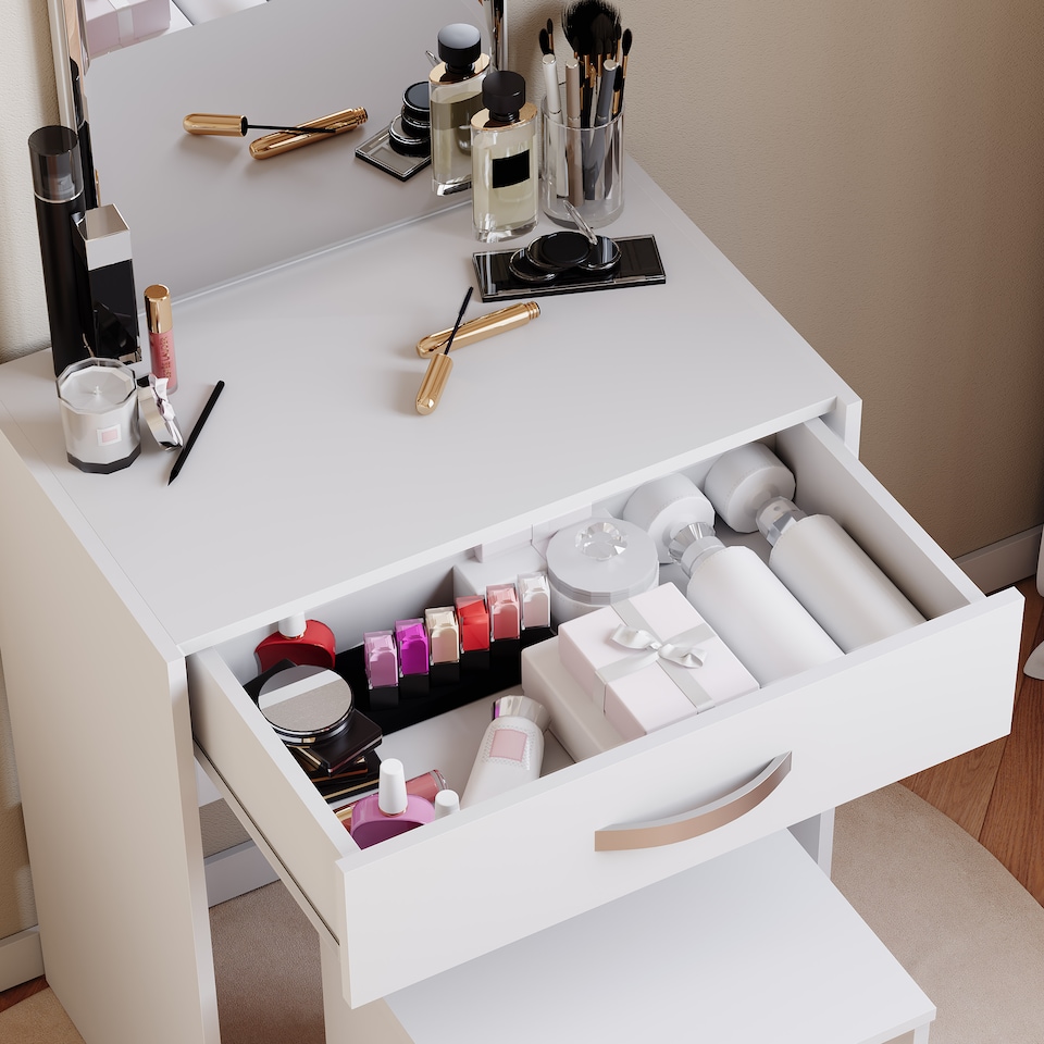 image 1 of Vida Designs Isla Dressing Table 1 Drawer Mirror & Stool Set Vanity Makeup Desk, White