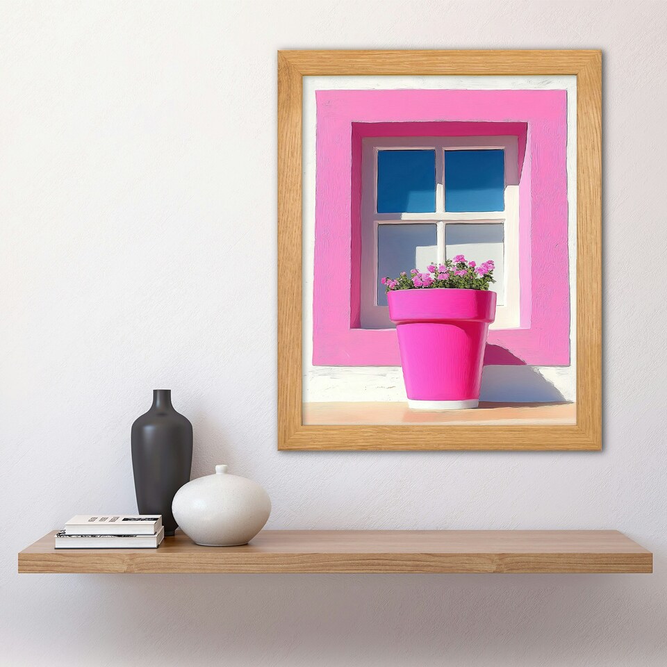 image 1 of Pink Geranium Flower Pot Sunny Window Wood Framed Wall Art Print