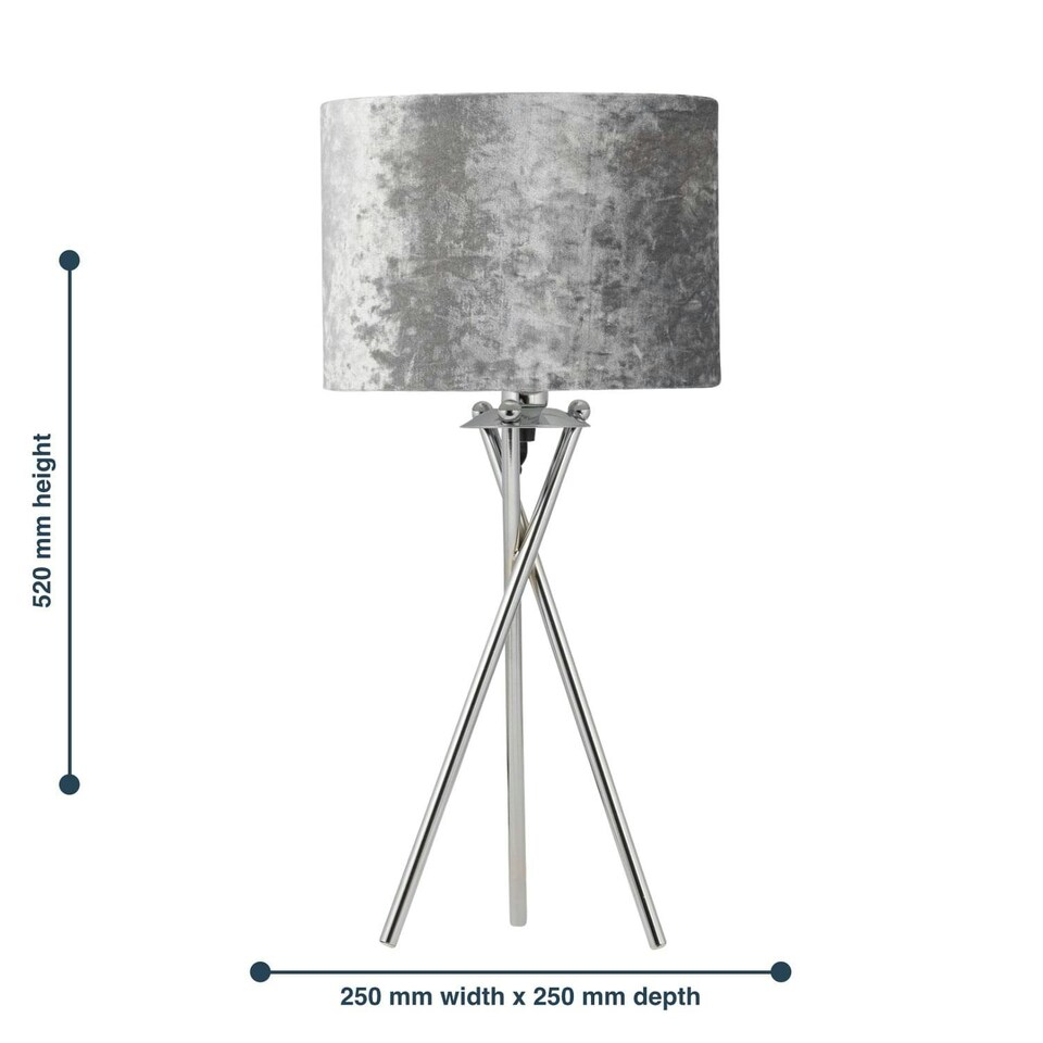 image 1 of First Choice Lighting Chrome Tripod Table Lamp with Grey Crushed Velvet Shade Chrome | Grey