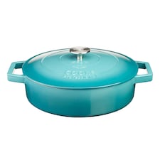 Cooks Professional Cast Iron Casserole Dish 28cm - Ovenproof Pan with Lid | Blue | Teal