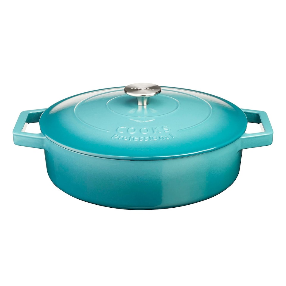image 1 of Cooks Professional Cast Iron Casserole Dish 28cm - Ovenproof Pan with Lid | Blue | Teal