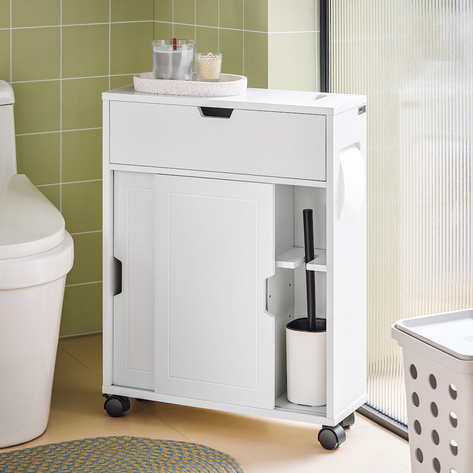 image 1 of SoBuy BZR31-W,Slim Bathroom Cabinet on Wheels with Sliding Doors | White | White | 1