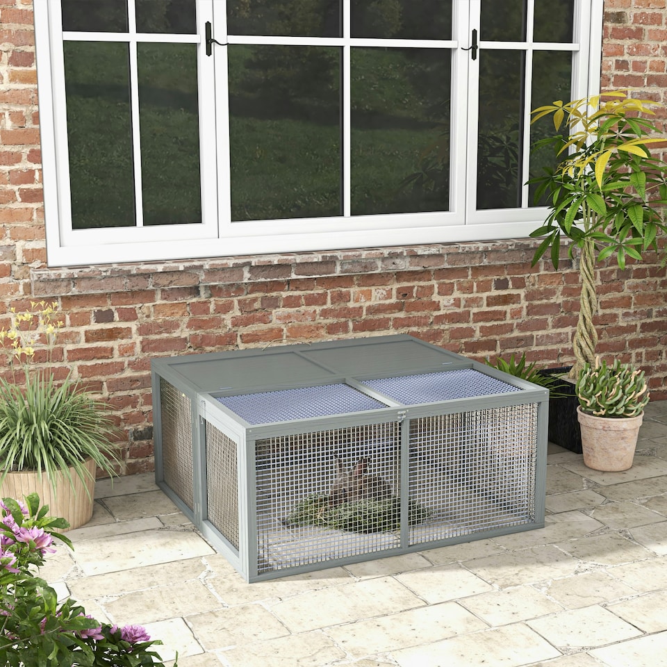 image 1 of PawHut Rabbit Hutch, Folding Wooden Rabbit Run with Openable Top, Grey