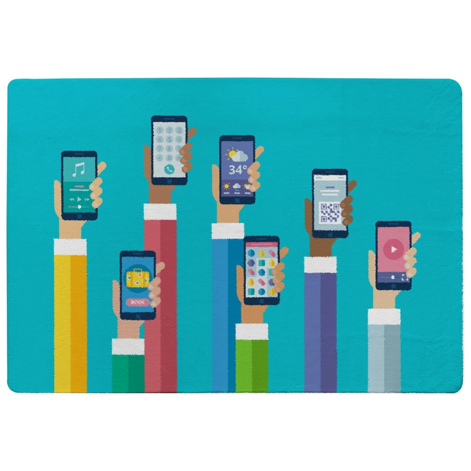 image 1 of Hands holding smart phones (Rug) Blue | Medium: 80x150cm