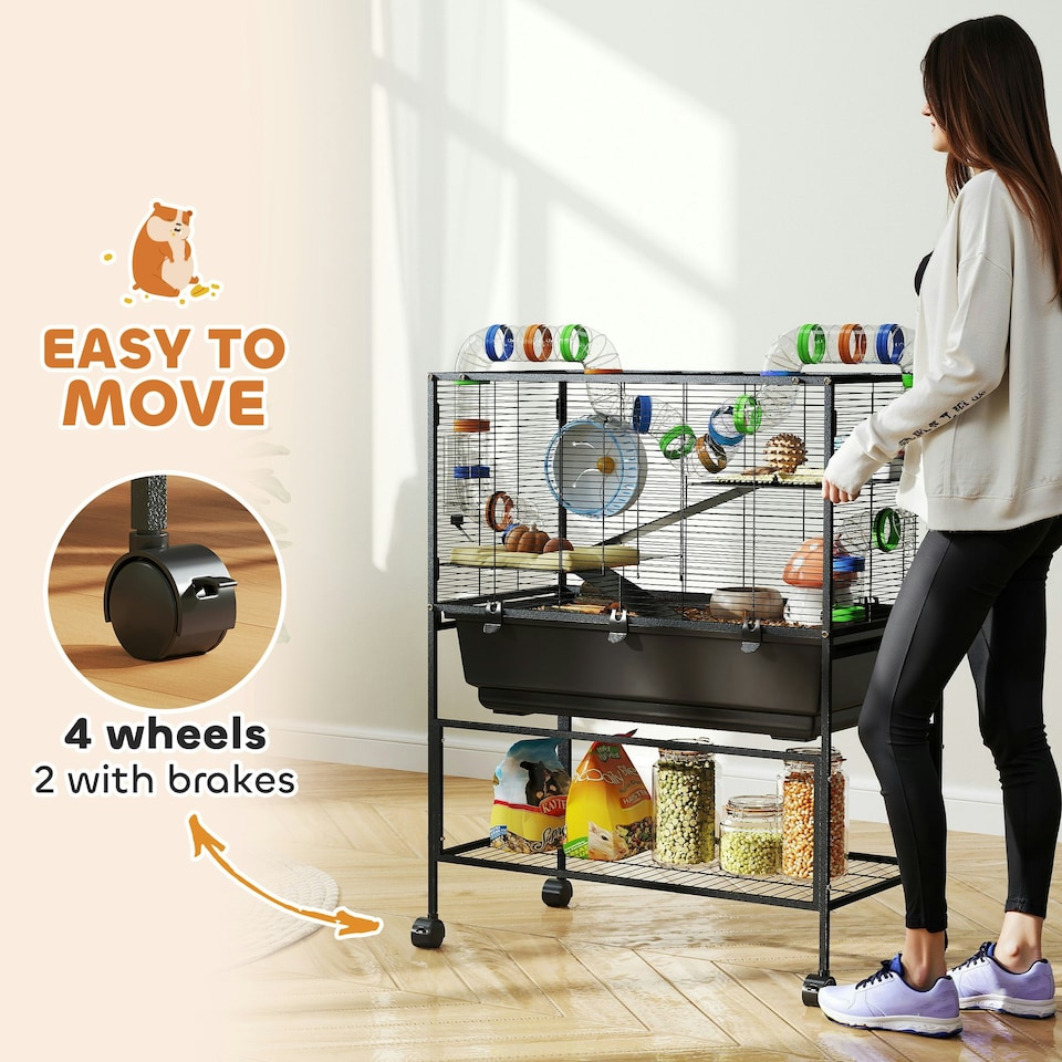 image 1 of PawHut Hamster Cage, 3 Tier Gerbil Cage on Wheels with Storage Shelf