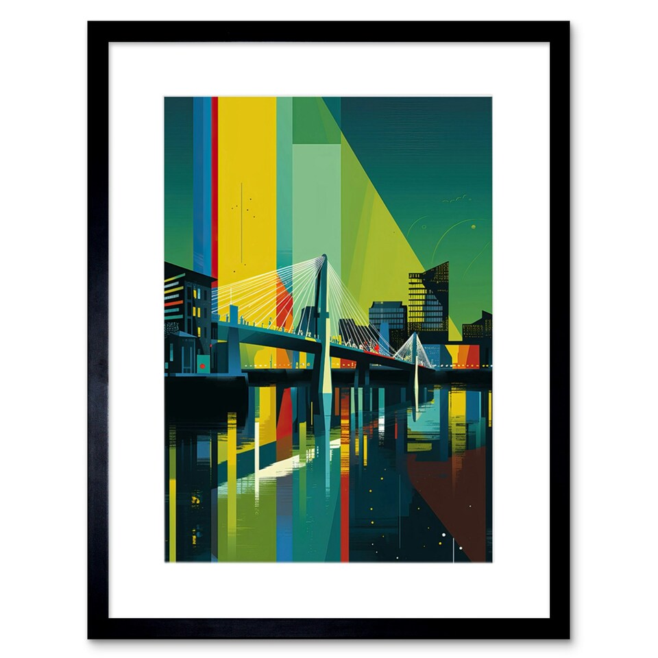 image 1 of Glasgow Bells Bridge Modern Geometric Cityscape 9x7" Black Framed Wall Art Print