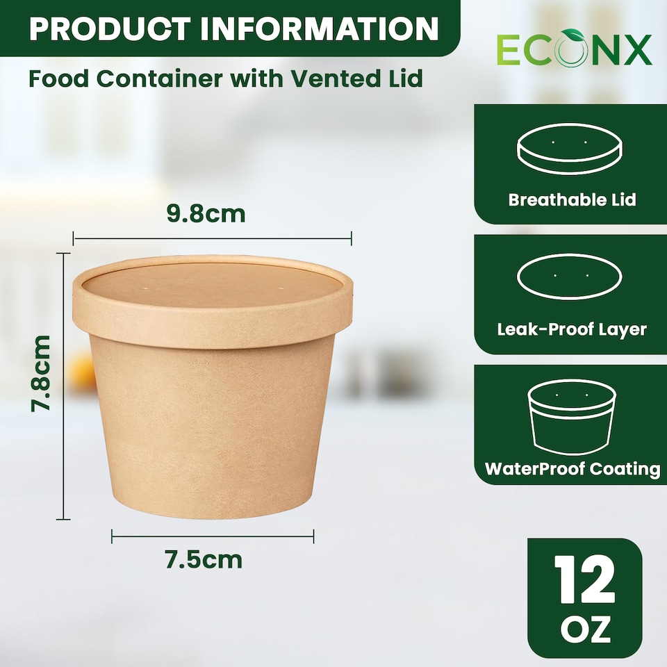 image 1 of ECONX 12oz Disposable Soup Containers with Lids Paper Bowl Takeaway Tubs for Hot or Cold Food 50pc