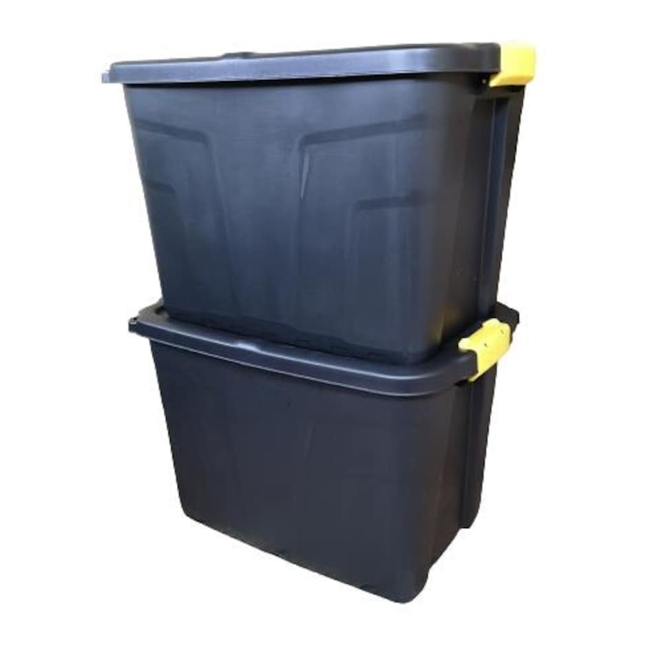 image 1 of 2 x 60L Heavy Duty Storage Tubs Sturdy, Lockable, Stackable and Nestable Design Storage Chests with Clips in Black