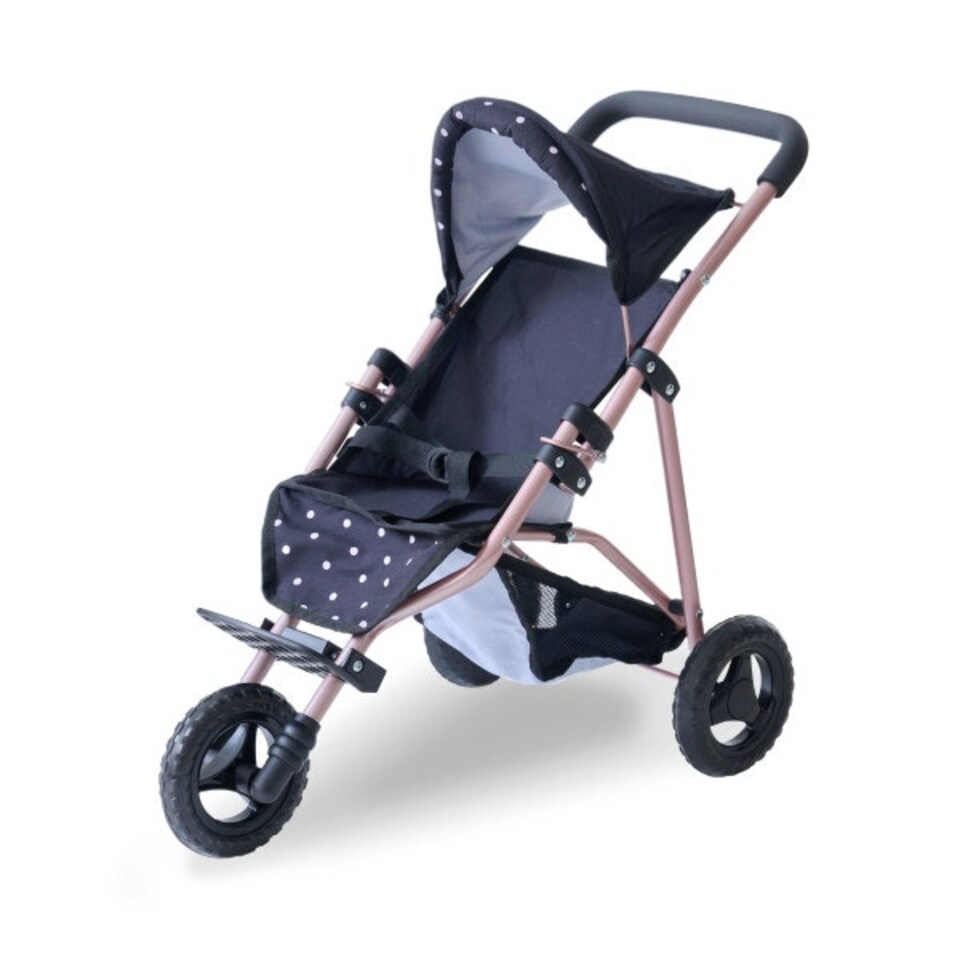 image 1 of Teamson Kids Jogging Doll Stroller in Black with Pink Polka Dots, Adjustable Canopy, Secure Harness, Storage Basket & Soft Handle