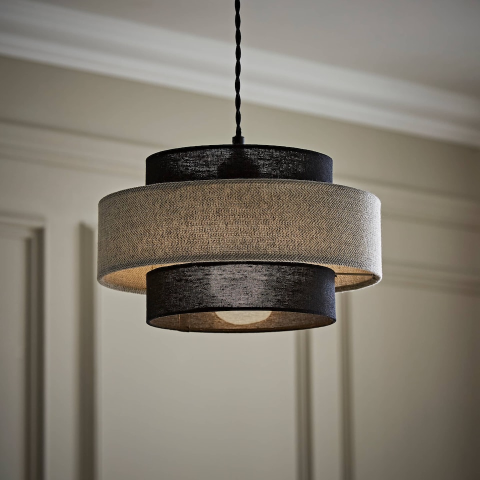 image 1 of ValueLights Weaver Pair Ceiling Pendant Light Shades Black and Grey Herringbone and Bulbs