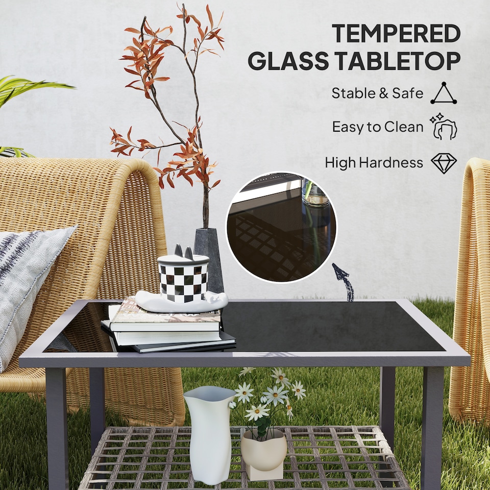 image 1 of Outsunny Outdoor Rattan Coffee Table, Rectangular Tea Side Table with Tempered Glass Top, Storage Shelf, Foot Pads, Garden Furniture for Patio, Balcony, Mixed-grey | Grey | Mixed-grey