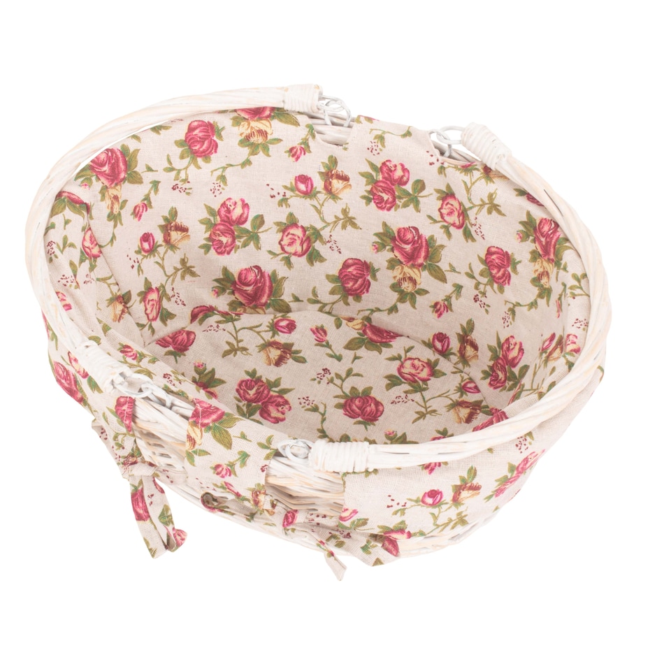 image 1 of Small White Swing Handle Wicker Shopper with Garden Rose Lining | Multi | Garden Rose