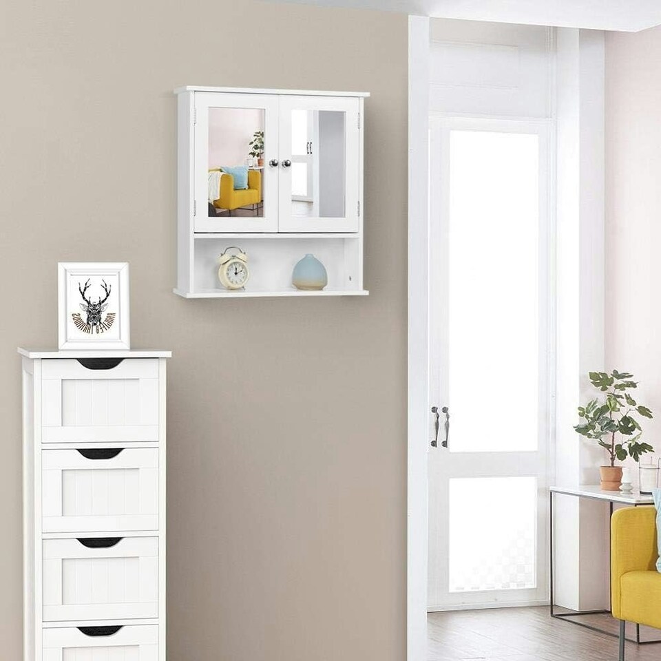 image 1 of Yaheetech Wooden Wall-Mount Cabinet with Double Mirror Doors Grey