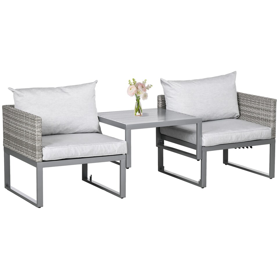 image 1 of Outsunny 3 in 1 Rattan Bistro Set, Wicker Garden Furniture Set with 2 level Rising Table, Adjustable 3 seater Sofa Lounger with Washable Cushions for Outdoor, Patio, Balcony, Grey