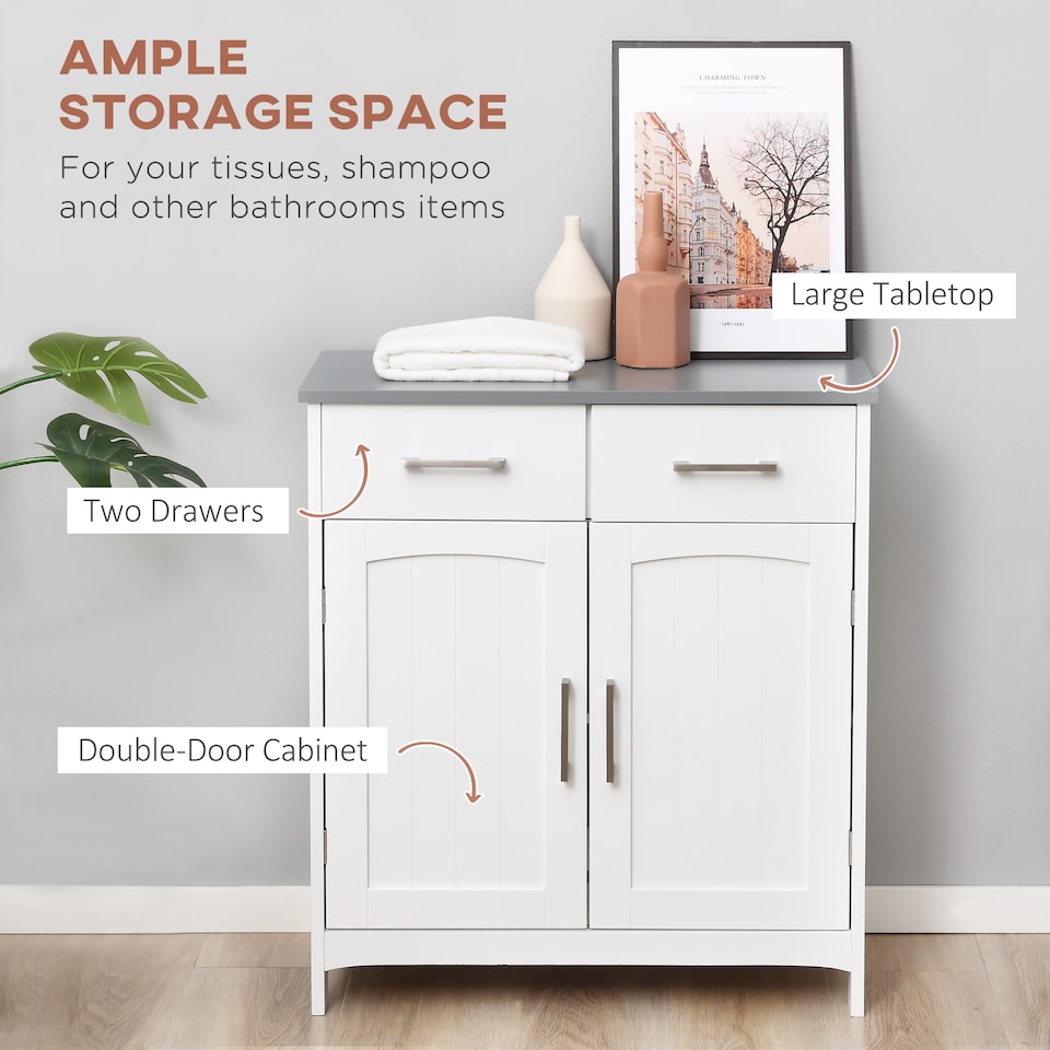 image 1 of kleankin Freestanding Bathroom Cabinet, Storage Cupboard with 2 Drawers, Double Doors, Adjustable Shelf, White