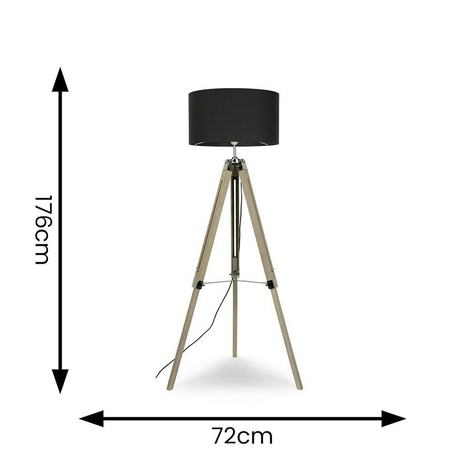 image 1 of ValueLights Clipper Distressed Wood and Silver Chrome Tripod Floor Lamp with Charcoal Grey Drum Shade