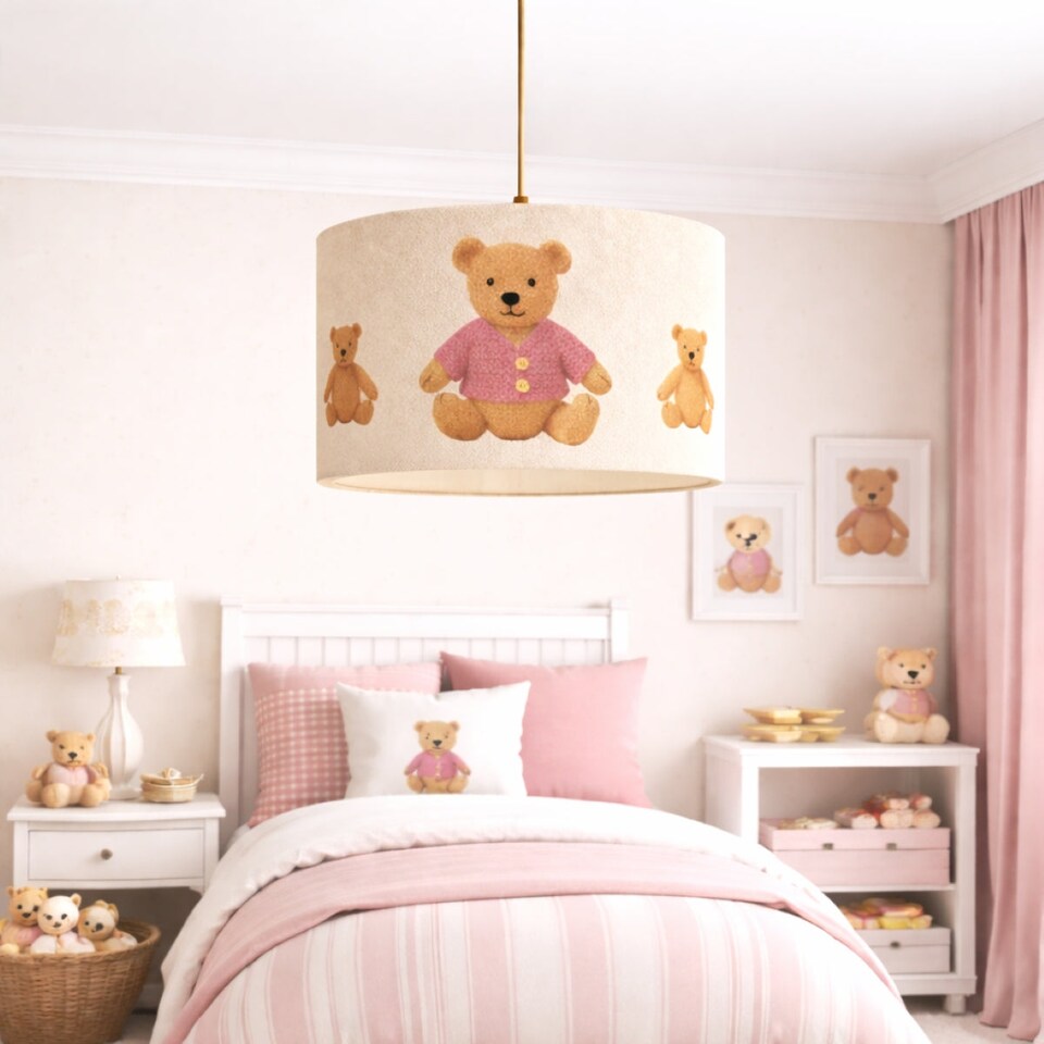 image 1 of CGC BLAKE 30cm Oatmeal Linen Pink Teddy Bear Children’s Lampshade