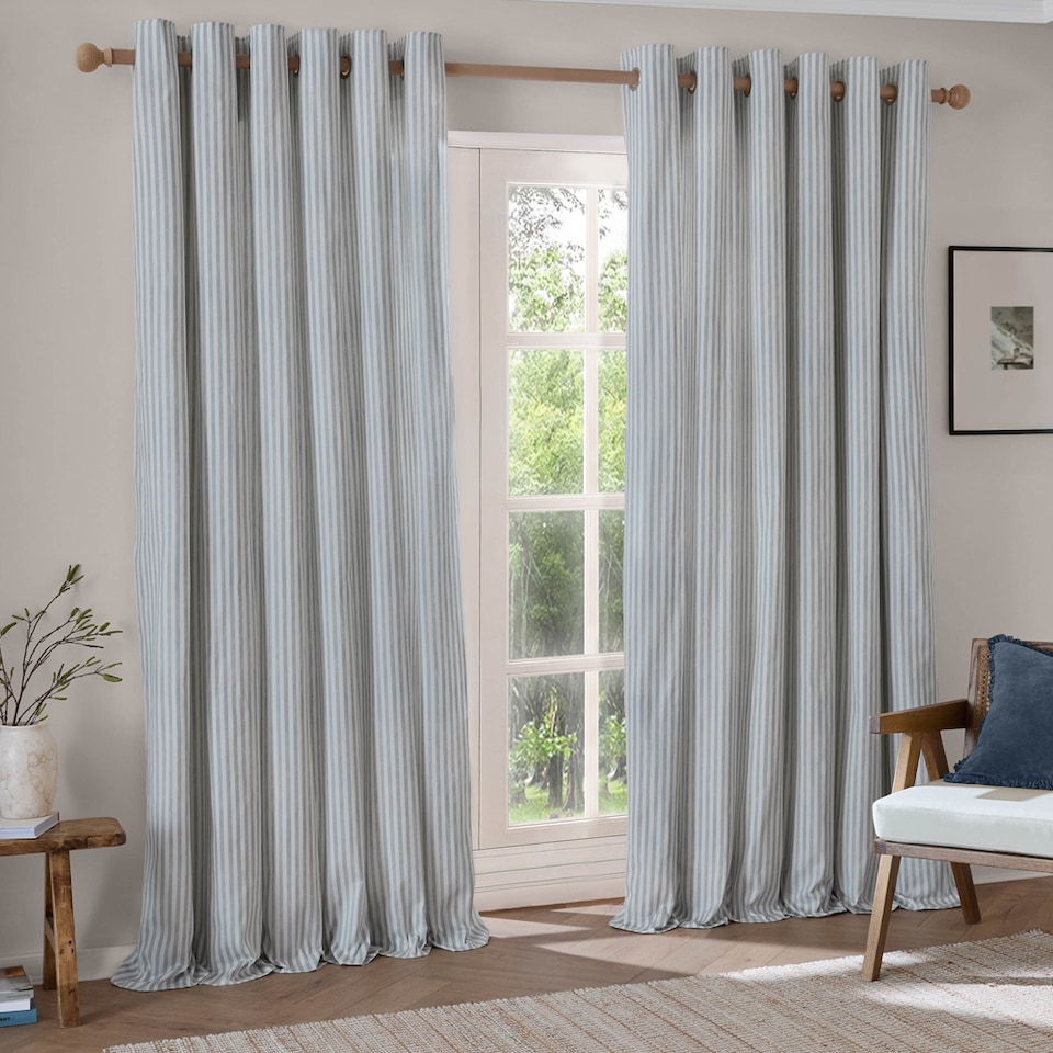 image 1 of Hebden Striped Cotton Eyelet Curtain Pair, 168 x 183cm, Mineral Blue | Blue | Marine Blue