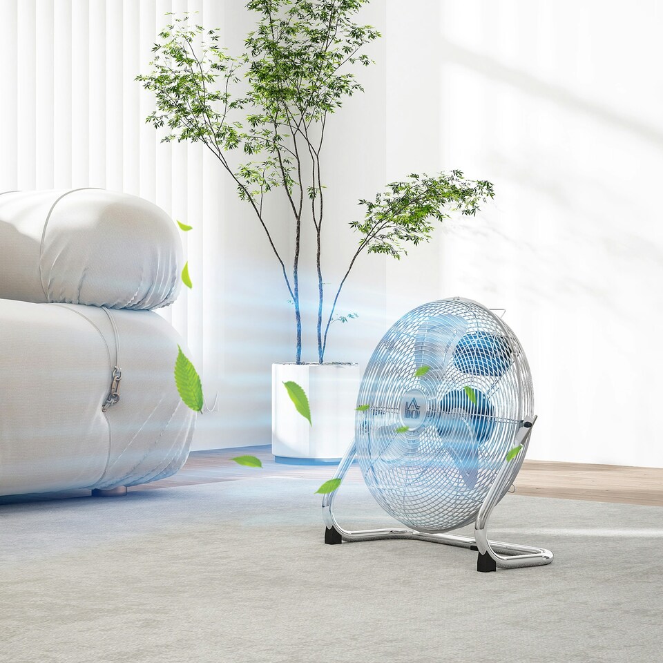 image 1 of HOMCOM Metal Floor Fan with 3 Speeds & Adjustable Tilt, Silver Tone