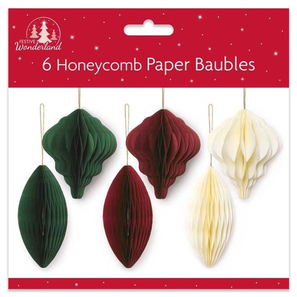 image 1 of Pack of 6 Traditional Assorted Honeycomb Paper Christmas Baubles Decorations