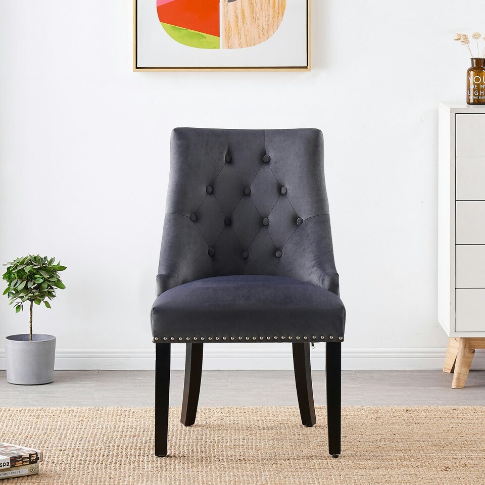 image 1 of Set of 2 Velvet Dining Chairs Ergonomic Scoop Knockerback & Button Tufted Wood Legs Grey | Dark Grey