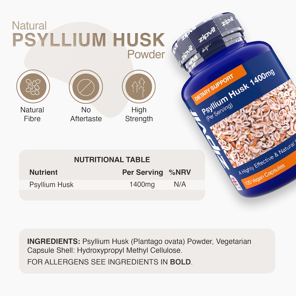 image 1 of Zipvit Psyllium Husk 1400mg, Natural High Strength Fibre Supplement, 120 Vegan Capsules