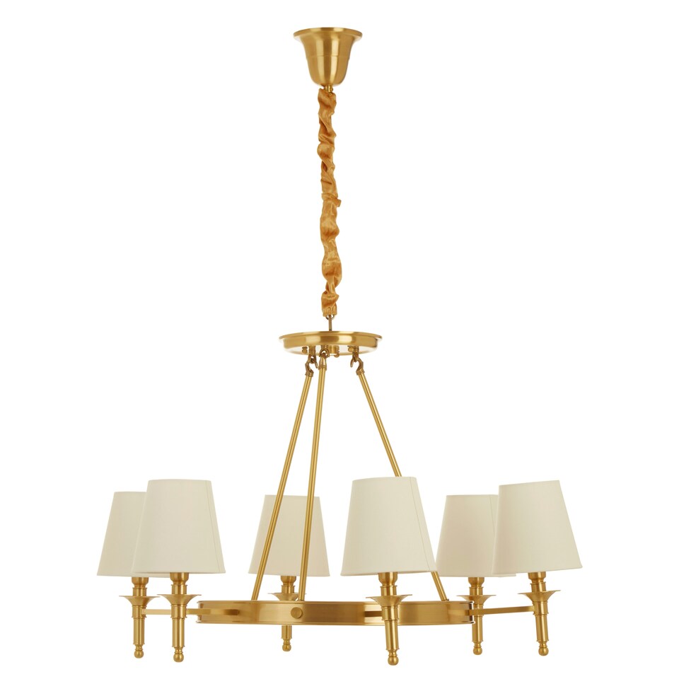 image 1 of Interiors by Premier Elegant 6 Arm Gold Ceiling Light with Linen Shades, Brass Frame Hotel Style Pendant Light, Lighting Fixture Gold