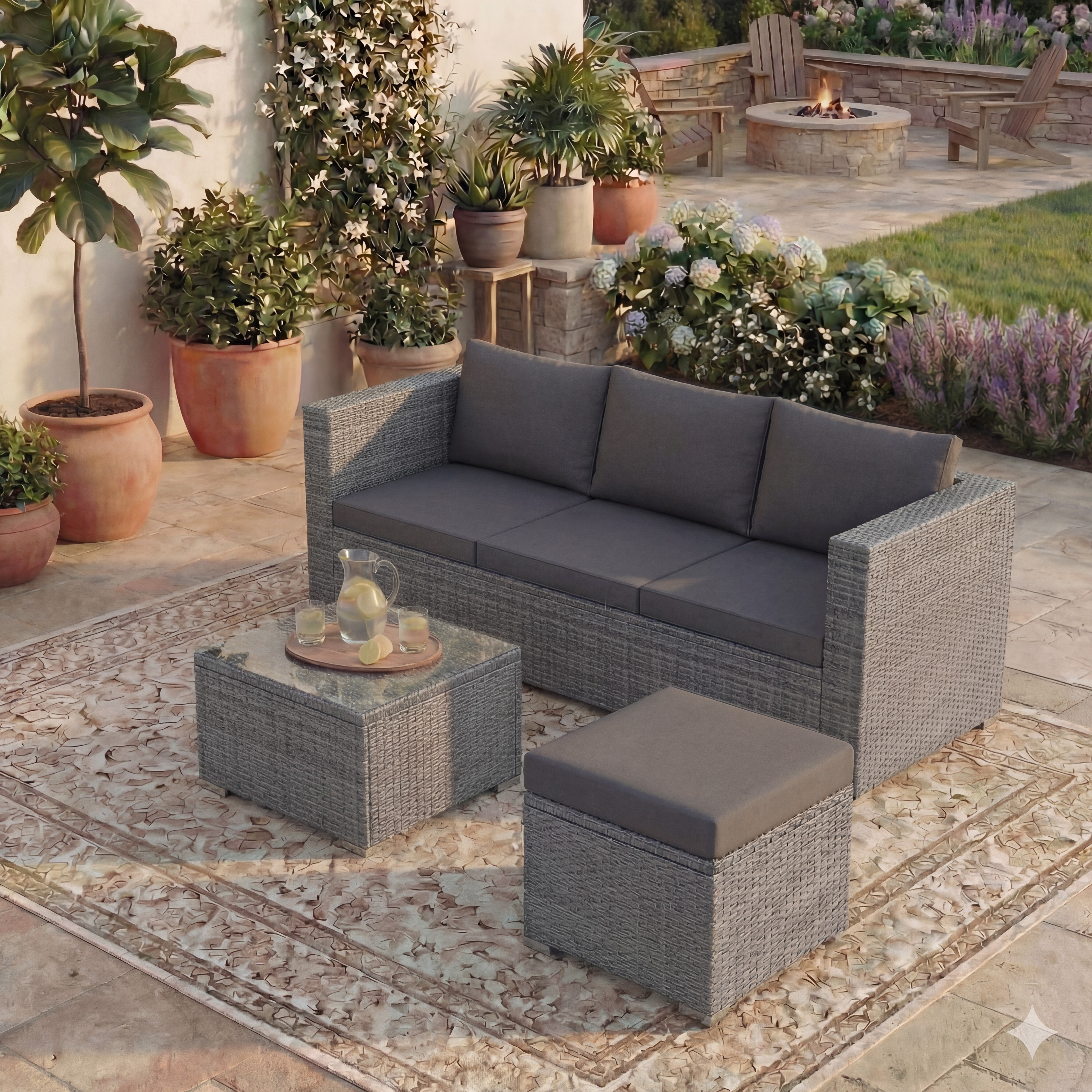 Garden Vida Hampton 4 Seater Corner Rattan Set Sofa Coffee Table Outdoor Garden Furniture, Grey