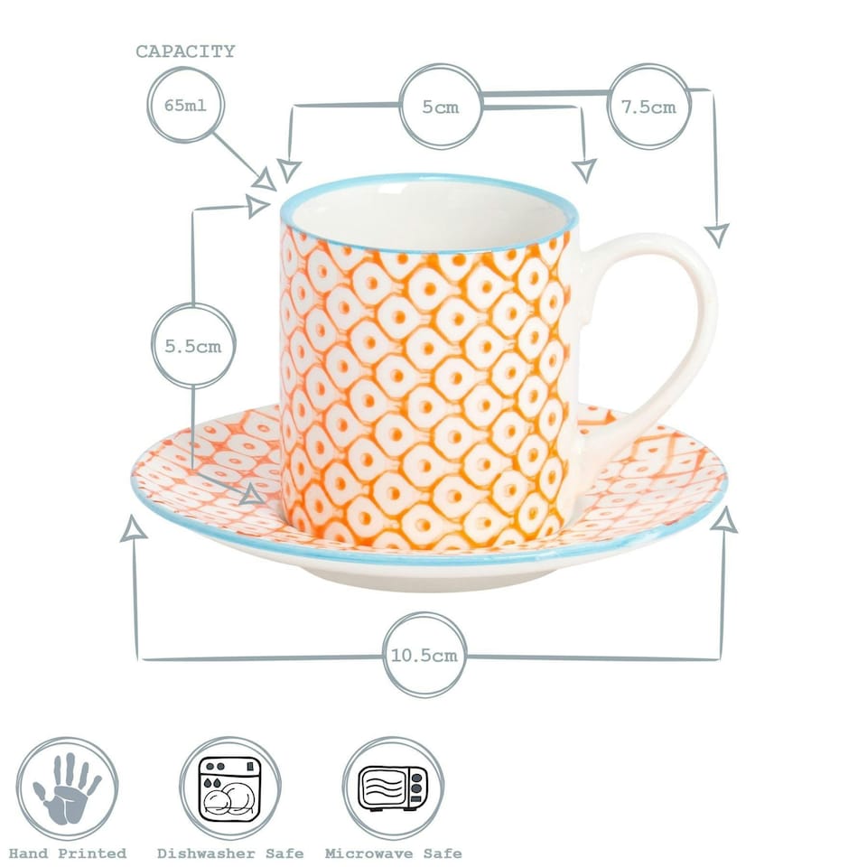 image 1 of Nicola Spring 12 Piece Hand-Printed Espresso Cup & Saucer Set - 65ml - 3 Colours