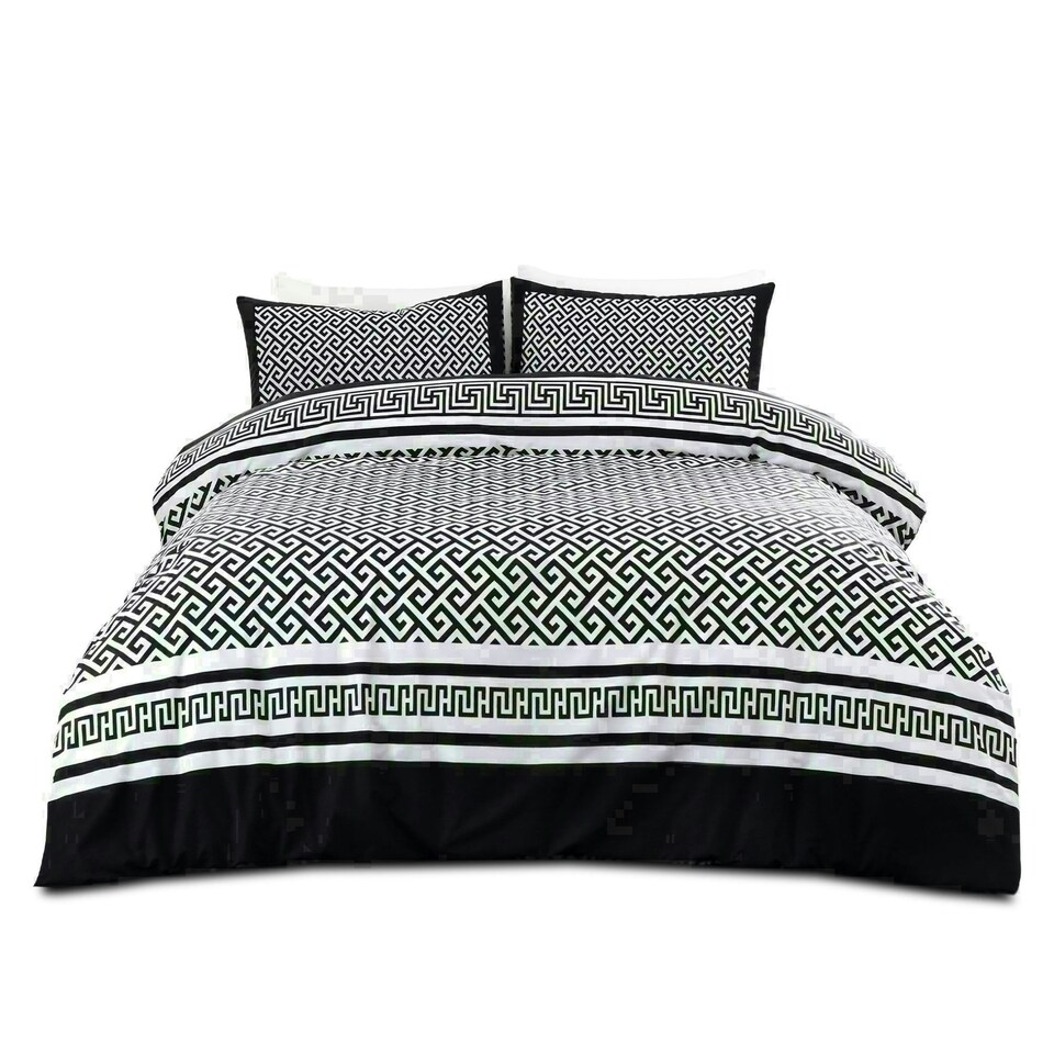 image 1 of Meander Greek Printed Duvet Cover Set Reversible Polycotton Beddings Black | Double