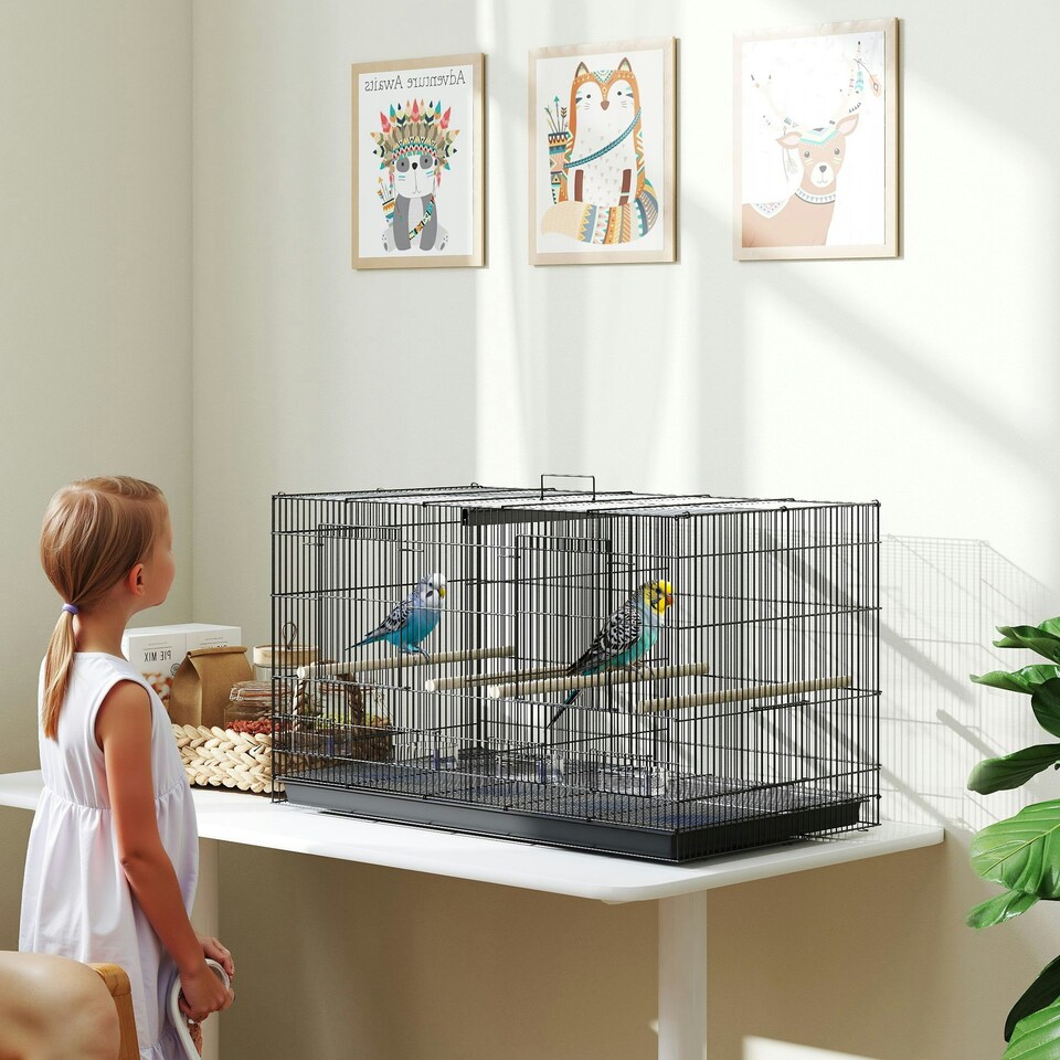 image 1 of PawHut Bird Cage with Divider, 4 Wooden Perches, Slide Out Tray, Black