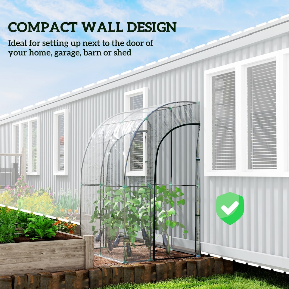 image 1 of Outsunny 143x118x212cm Walk-In Lean to Wall Tunnel Plastic Greenhouse with Doors