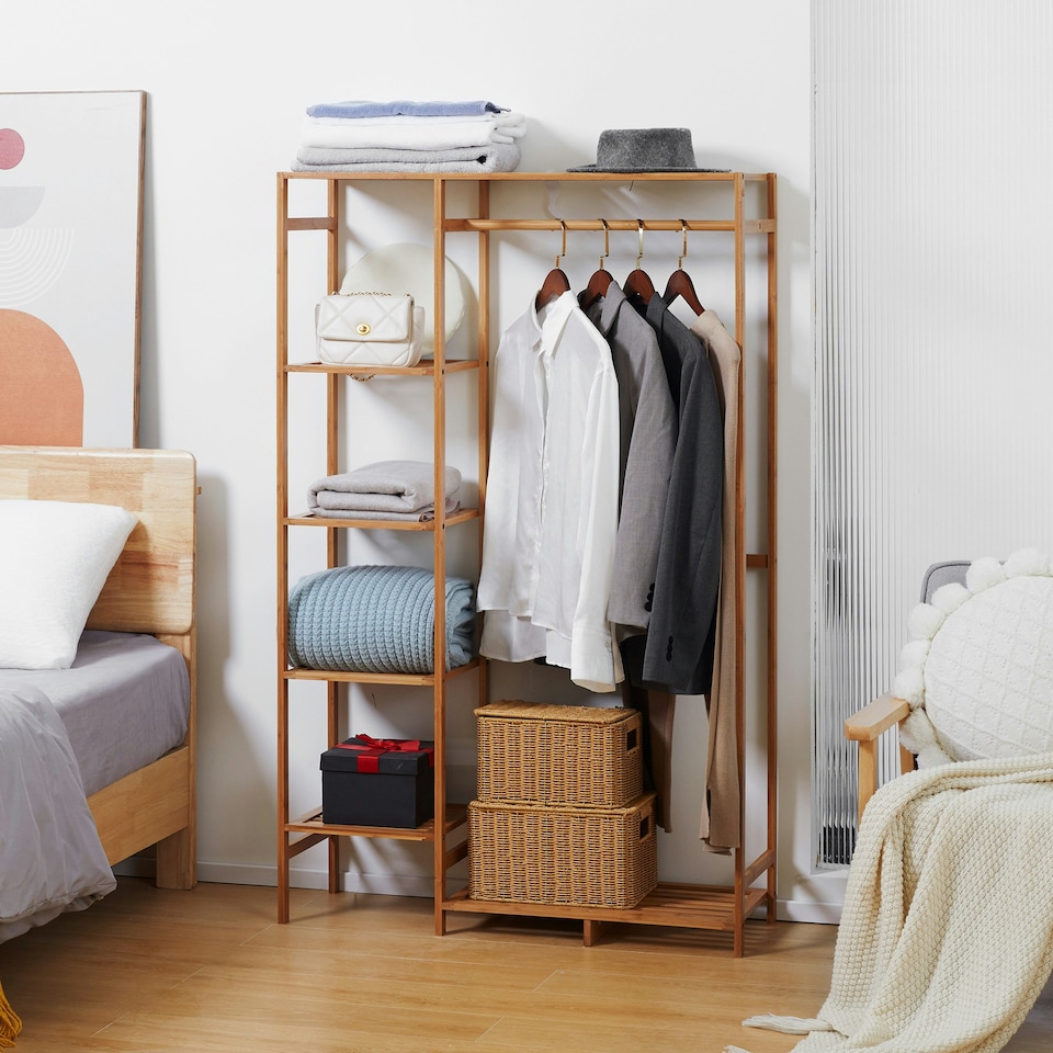 image 1 of HOMCOM Bamboo Clothes Rail Garment Rack with 6 Tier Storage Shelf