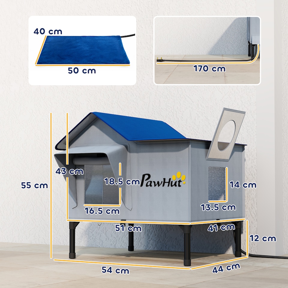 image 1 of PawHut Heated Cat House Weatherproof Cat House for Outside with Heating Pad