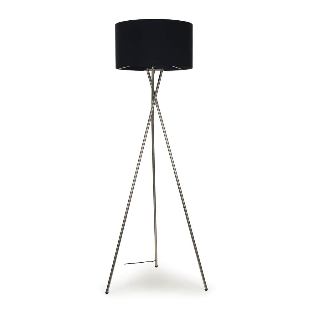 ValueLights Camden Brushed Chrome Tripod Floor Lamp Black Shade and Bulb