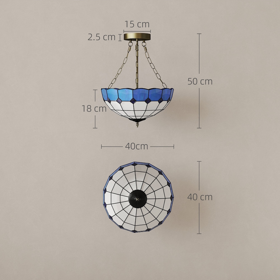 image 1 of HOMCOM 40 cm Tiffany Style Ceiling Light, Vintage Stained Glass Chandelier with 3 E27 Sockets, Semi Flush Mount Pendant Light for Living Room, Bedroom, Hallway, Bulbs Not Included, Blue and White | Blue