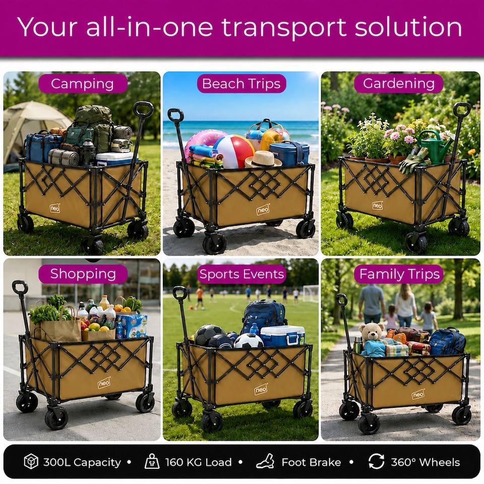 image 1 of Neo Heavy Duty Folding Wagon Cart 300L Collapsible Trolley Adjustable Handle