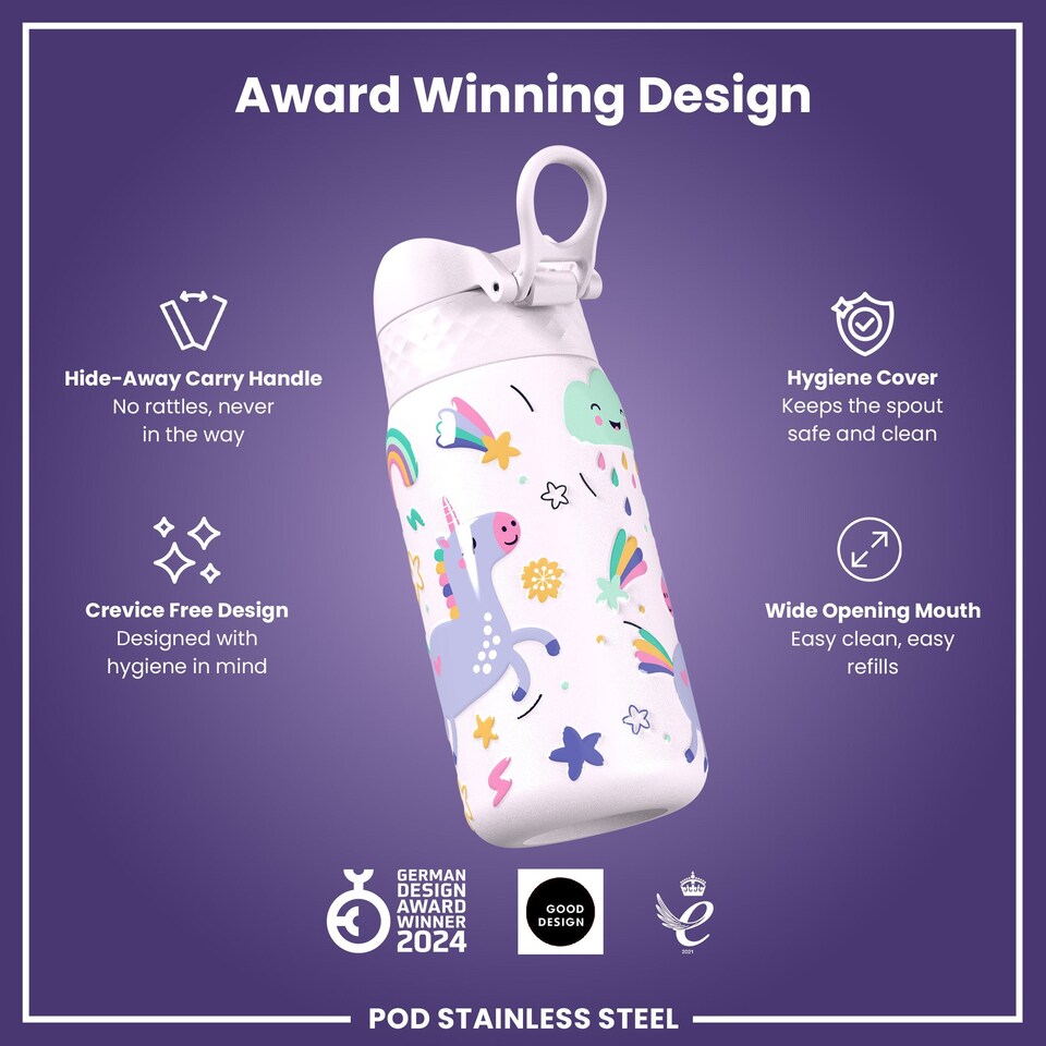image 1 of Leak Proof Kids Water Bottle, Stainless Steel, 400ml (13oz) | Pink | Unicorn | One Size
