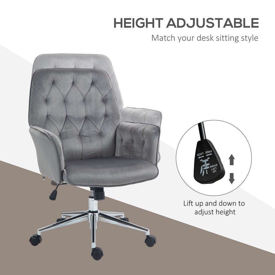 image 1 of Vinsetto Office Desk Chair, Velvet-Feel Fabric Vanity Chair with Height Adjustable, Armrest, Swivel Chair for Home, Dark Grey
