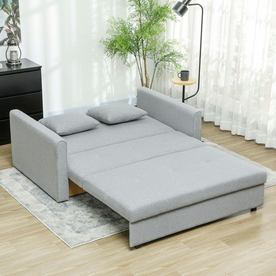 image 1 of HOMCOM 2 Seater Sofa Bed Convertible Bed Settee w/ 2 Cushions Light Grey 