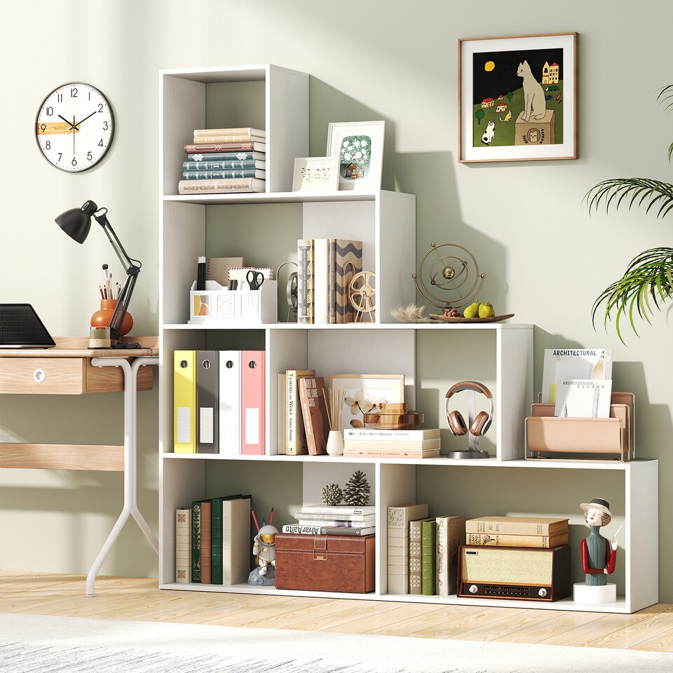 image 1 of COSTWAY 4 Tier Stepped Bookshelf Modern Ladder Bookcase 6 Storage Cubes White